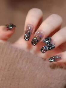 浪漫帶24入組長款方形蝴蝶3D立體裝飾用品漸變假指甲假的指甲指甲片假指甲按壓指甲片充分指甲貼充分指甲貼全覆蓋可拆卸禮物手甲果凍膠指甲銼美甲 - 黑色 - 查看 2