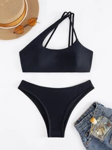 Women's Hollow Out Solid Color Bikini Set With Shoulder Straps, Backless Design Summer