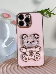 Funda de teléfono con baño de oro rosa y diseño de oso, soporte de teléfono compatible con iPhone 15/15Pro/15Plus/15Promax, estilo Kawaii - Rosa - Ver 7