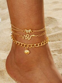 3PCs Butterfly Heart Snake Foot Chain Set - Yellow Gold - View 1