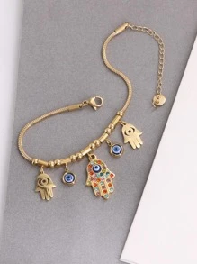 1款女士金色多彩鑲嵌水晶手鍊,深藍色眼睛細節,不鏽鋼蛇骨鍊,獨特設計 - 金色 - 查看 3