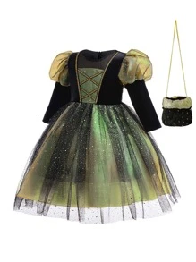 Little Girls' Gorgeous Lily Satin Fluffy Dress With Free Bag, Random Cut Flower Pattern - Green - View 3