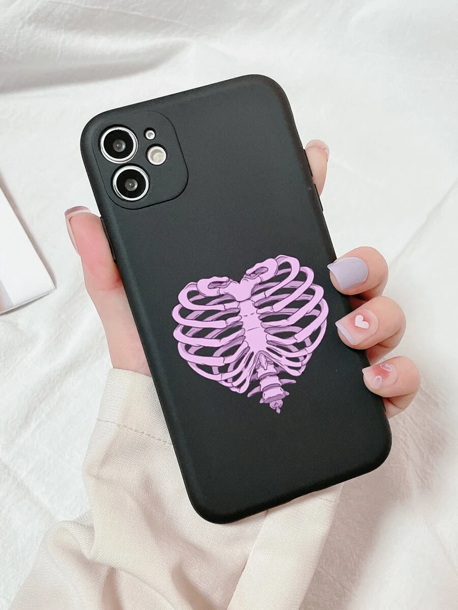 1入組透明極簡粉紅色心臟&骷髏紋印花霧黑超薄tpu手機殼,適用於蘋果手機 - 彩色 - 查看 1