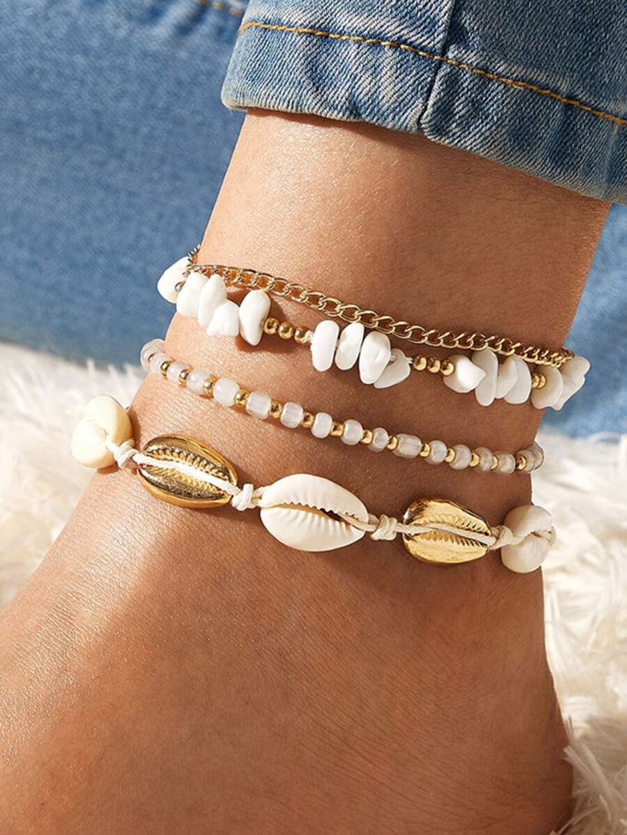 4pcs Phong cách Bohemian Kết cườm & lột vỏ Nhiều lớp vòng chân - Nhiều màu - Xem 1