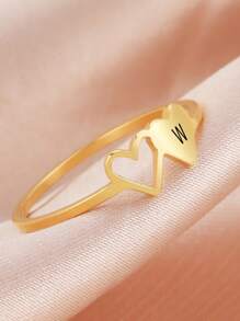 1pc Stainless Steel Fashion Double Heart Shaped Letter Engraved Ring For Women, Couple Gift - Yellow Gold - View 3