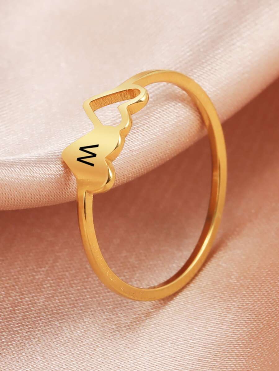 1pc Stainless Steel Fashion Double Heart Shaped Letter Engraved Ring For Women, Couple Gift