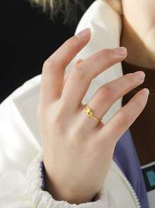 1pc Stainless Steel Fashion Double Heart Shaped Letter Engraved Ring For Women, Couple Gift - Yellow Gold - View 4