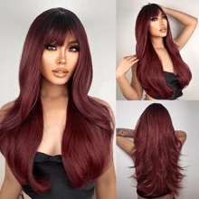 Women's Burgundy High Temperature Fiber Synthetic Hairpieces With Brown Bangs, 61cm/24in, Long Wavy Hair Wig With Dark Root And Layered Design, Heat Resistant For Natural Look, Suitable For Daily Wear And Parties - Burgundy - View 1
