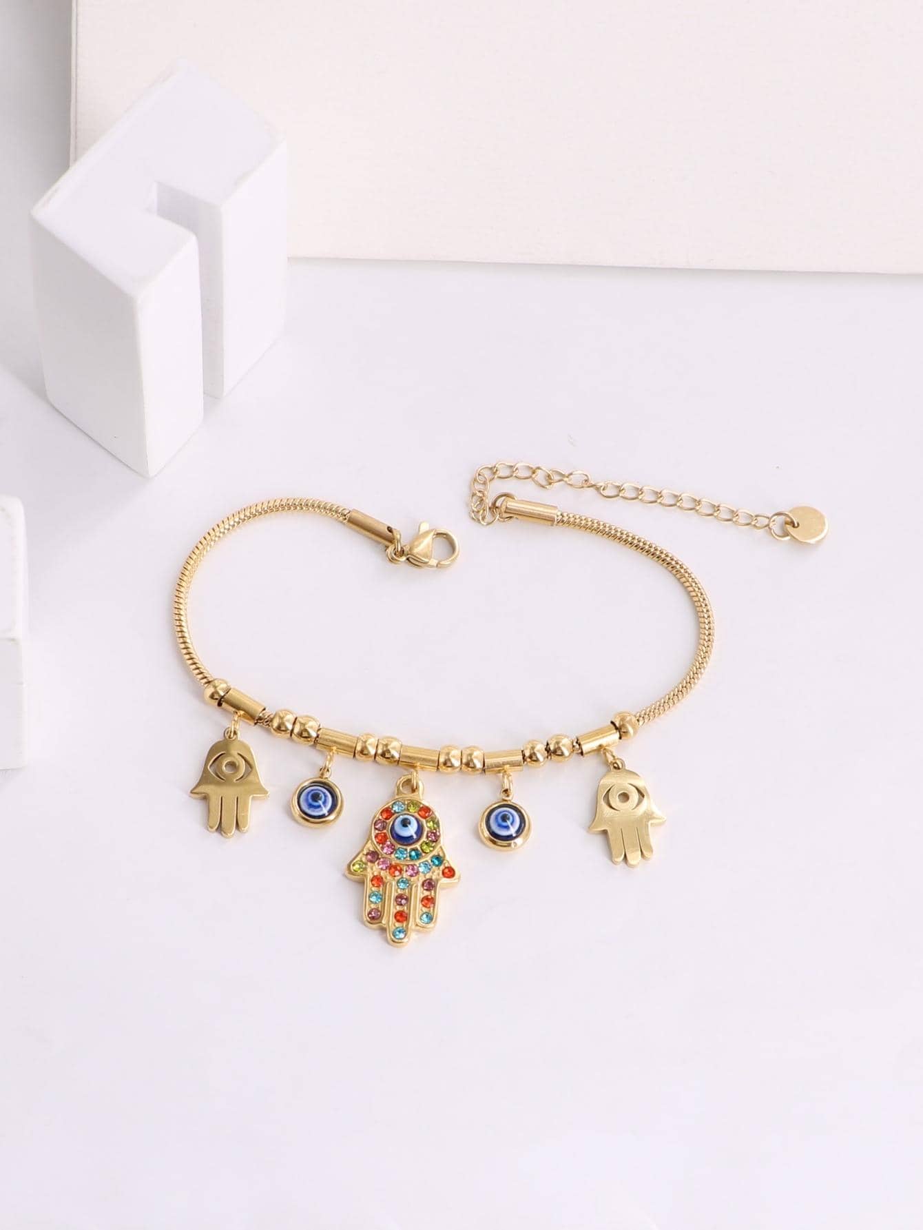 1款女士金色多彩鑲嵌水晶手鍊,深藍色眼睛細節,不鏽鋼蛇骨鍊,獨特設計 - 金色 - 查看 1