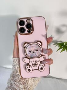 Funda de teléfono con baño de oro rosa y diseño de oso, soporte de teléfono compatible con iPhone 15/15Pro/15Plus/15Promax, estilo Kawaii - Rosa - Ver 2