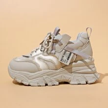 1雙女士運動風格厚底坡跟運動鞋,綁帶式,香檳色,時尚低幫日常訓練鞋 - 香檳色 - 查看 8