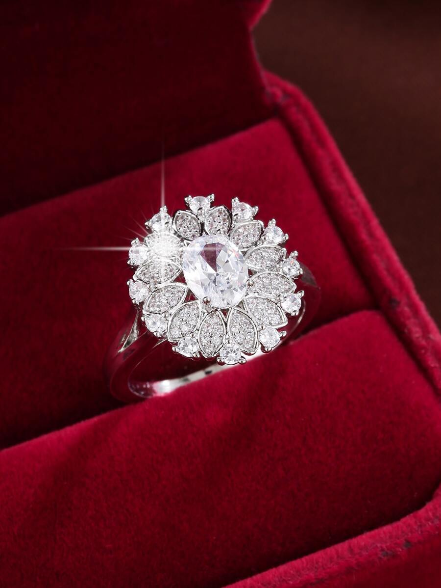 1 Miếng Thanh tú Đồng Nhẫn Với Hoa Hướng dương Thiết kế Và Hình bầu dục Hình dạng đá - Bạc - Xem 1