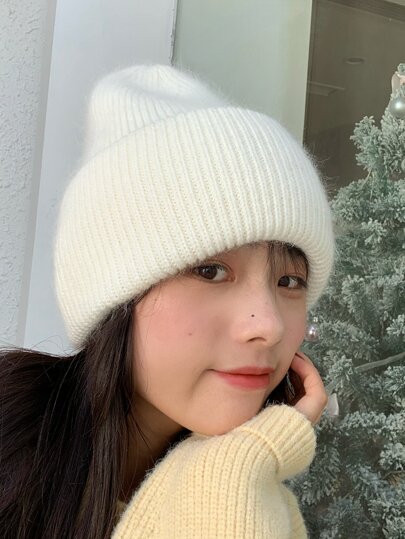 1 st. Kvinnors Enfärgad Dubbelskiktad Vikt Edge Stickad Hatt , Trendig Och Varm För Utomhus aktiviteter I Höst Och Vinter Enkel