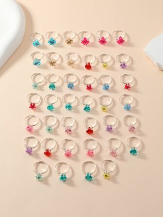 36pcs/set Girls' Adjustable Cartoon Silver-color Ring With Imitation Gemstones