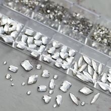 1盒透明平底玻璃鑽石美甲裝飾，包括心形、鑽石、矩形、水滴形式的美甲套裝，DIY美甲迷珠寶，美甲用品，歐美風格美甲鑽石 - 白色 - 查看 4