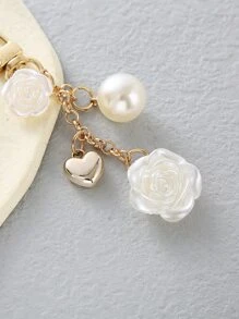 6pcs/Set Pearl Jewelry Set: Pearl Headband, Pearl Necklace, Rose Heart Keychain, Elegant Bridal & Fashion Accessories. Suitable For Weddings, Daily Wear, And Gifting. High-Quality Faux Pearl, Golden Accents, Vintage Design. Must-Have For Brides, Ideal For Fashion Enthusiasts, And An Unforgettable Gift. - Gold - View 2