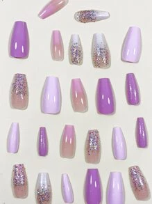 24入組時尚簡約粉紫漸層閃粉長棺型燙貼式假指甲套裝，全覆蓋式美甲指甲用具 - 彩色 - 查看 3