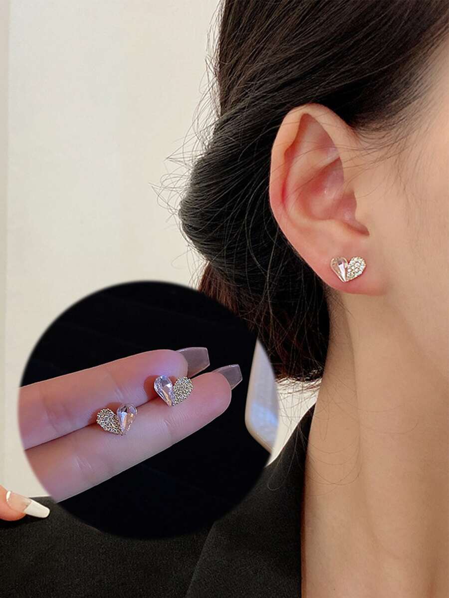 1雙粉色的水鑽水晶心形耳釘,時尚&可愛適用於女性日常穿著