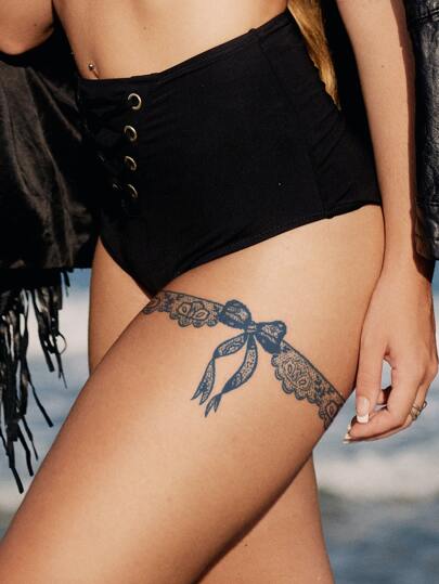 1 Sheet Blue Bowknot & Floral Lace & Stripe Pattern Temporary Tattoo Sticker, Herbal, Semi-permanent, Non-reflective, Can Last Up To Two Weeks, For Arms, Wrists And Body