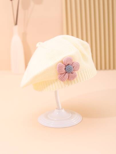 1pc Infant Toddler Cute Solid Color Knitted Beret With Flower Decor For Spring And Autumn Winter