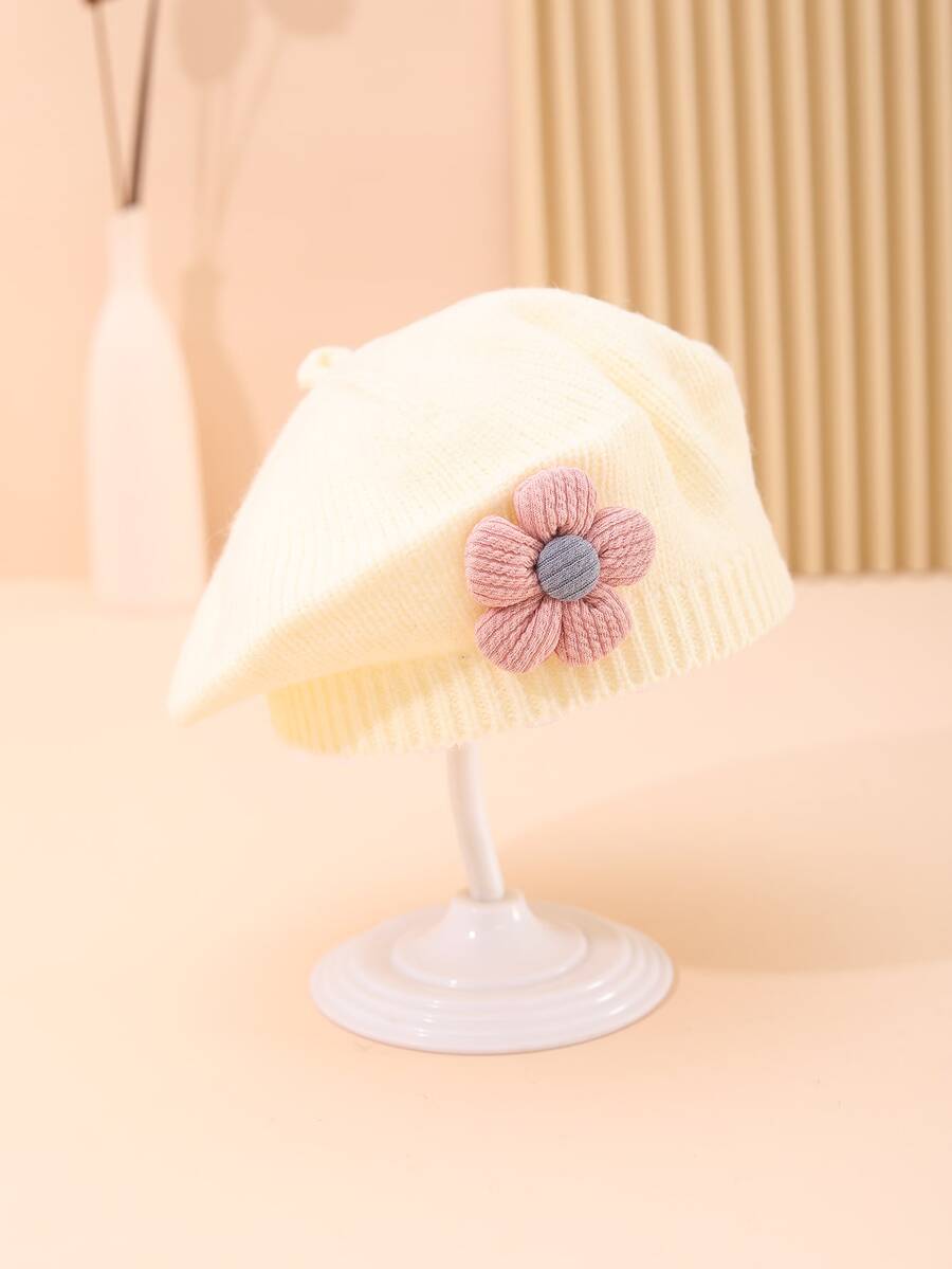 1pc Infant Toddler Cute Solid Color Knitted Beret With Flower Decor For Spring And Autumn Winter