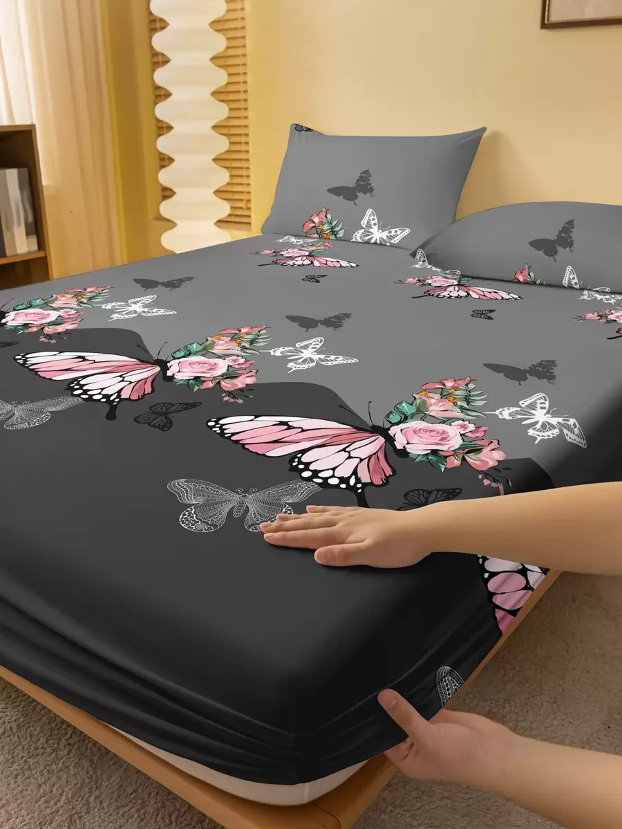 1入時尚簡約風格玫瑰、花卉、蝴蝶和格紋圖案印花毛絨緊身床單套，防塵，適用於臥室家居紡織床上用品 - 彩色 - 查看 1