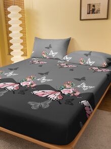 1入時尚簡約風格玫瑰、花卉、蝴蝶和格紋圖案印花毛絨緊身床單套，防塵，適用於臥室家居紡織床上用品 - 彩色 - 查看 2