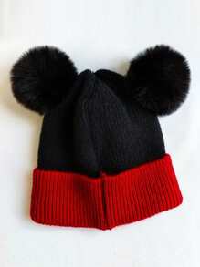 1pc Red & Black Knitted Beanie Hat With Pompom Balls For Toddlers, Unisex Winter Warm Cap