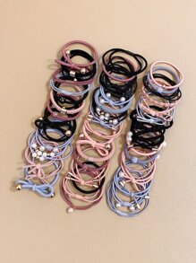 50pcs Girls' Colorful High Elastic Simple Faux Pearl Hair Ties