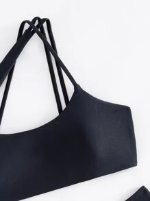 Women's Hollow Out Solid Color Bikini Set With Shoulder Straps, Backless Design Summer