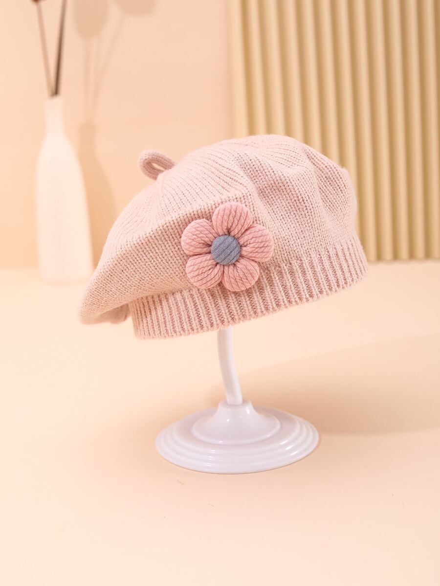 1 件春季秋季嬰兒針織貝雷帽可愛花朵裝飾 - 粉色 - 查看 1