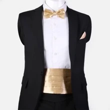 1 Conjunto De Cinturón De Smoking De Poliéster De Color Sólido Para Hombre, Pañuelo Y Corbata De Moño Para Bodas Y Celebraciones - Champán - Ver 1