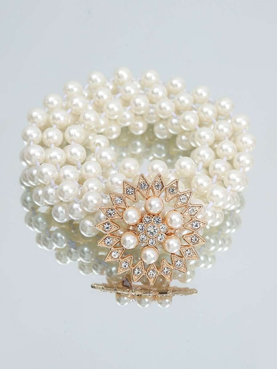 1入組女士假珍珠向日葵皮帶，彈性帶和金色扣環 - 金色 - 查看 1