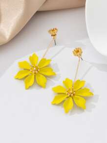 1pair Metallic Dopamine Color Fashionable Flower-shaped Pendant Long Ear Hook Earrings - Yellow - View 1