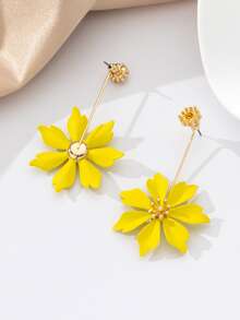 1pair Metallic Dopamine Color Fashionable Flower-shaped Pendant Long Ear Hook Earrings - Yellow - View 3