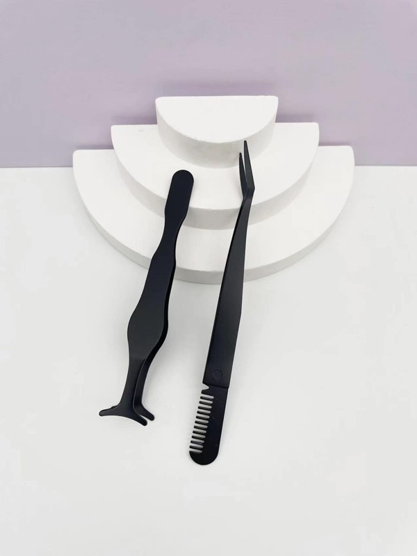 2pcs Black Eyelash Assistants: Comb & Seahorse Clip, False Eyelash Tweezers Makeup Tool