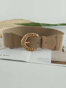 1條女士時尚彈力寬腰帶,適用於連衣裙、西裝、襯衫,附有裝飾扣的復古腰帶 - 杏色 - 查看 1