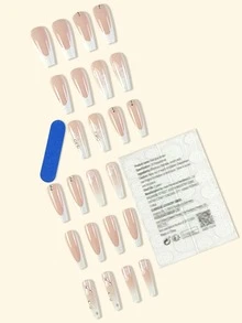 升級你的時尚風格24入組粉色超長時尚法式假指甲套裝,含閃粉、花朵和鑽石,優雅可穿戴且可卸下,適用於日常穿搭、聚會和與朋友聚會 - 粉色 - 查看 2