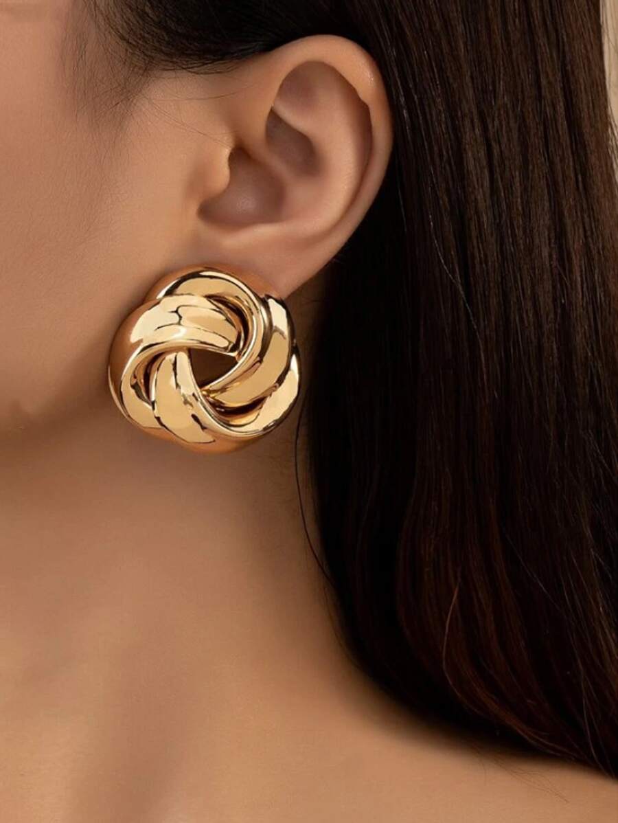 1pair Exaggerated European & American Style Wrapped Design Personalized Fashion Earrings For Ladies Daily Wear - Gold - View 1