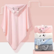 1 Pieza Capa De Baño De Niños Con Capucha Suave De Coral Para Niños Con Diseño De Animales, Toalla De Baño De Niños De Dibujos Animados En Coral Para Bebés - Rosa - Ver 2