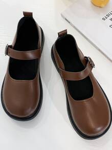 女士時尚馬莉珍平底鞋,休閒圓頭,低跟,英式風格,淺啡色皮革鞋,新品上市 - 棕色 - 查看 4