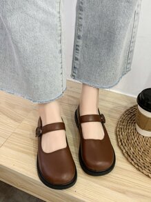女士時尚馬莉珍平底鞋,休閒圓頭,低跟,英式風格,淺啡色皮革鞋,新品上市 - 棕色 - 查看 1