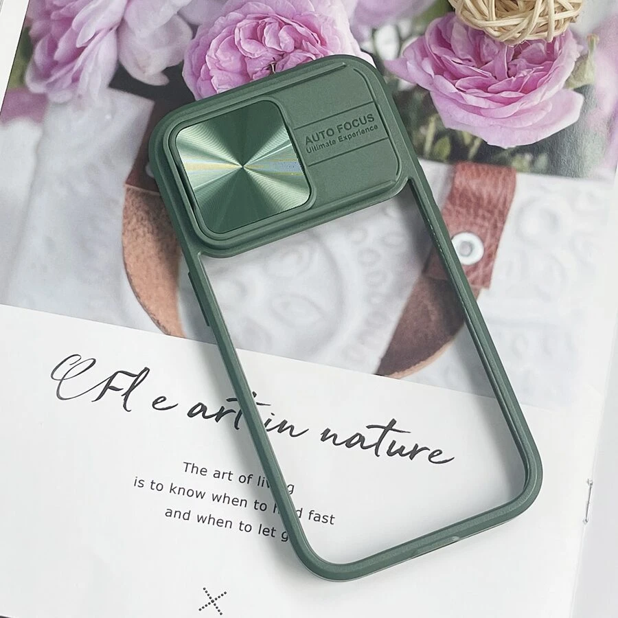 Simple Sliding Window Camera Design Full Coverage Phone Case Compatible With Apple Iphone 14 Pro Max, Iphone 13 With Sliding Cover Compatible With Camera Lens, Iphone 12 Pro Max - Green - View 1