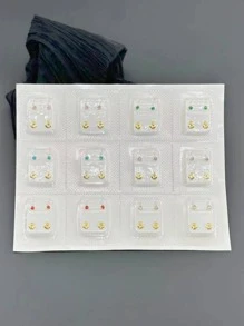 24pcs/Set Simple Elegant Gold Edge Crystal Stud Earrings, Suitable For Pierced Ears, Convenient Daily Wear - Multicolor - View 1