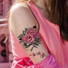 1 Pieza Tatuaje Temporal Con Diseño Rojo De Rosa Y Triangulos Geometricos Para Mujeres, Otras 4 Piezas De Distintos Diseños Para Tatuajes En Cuerpo, Brazo Y Muslo - Multicolor - Ver 2