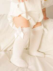 公主飄帶嬰幼兒膝上高筒襪,帶蝴蝶結女童長筒襪,復古童裝襪襪,派對生日婚禮禮物（適用於幼兒） - 米色 - 查看 1