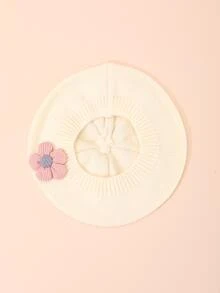 1pc Infant Toddler Cute Solid Color Knitted Beret With Flower Decor For Spring And Autumn Winter