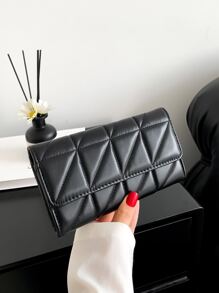 女士 PU 黑色菱形刺绣长钱包，多卡位大容量拉链隔层零钱包，办公室女士必备，旅行，生日礼物，经典长钱包手拿包 - 黑色 - 查看 1