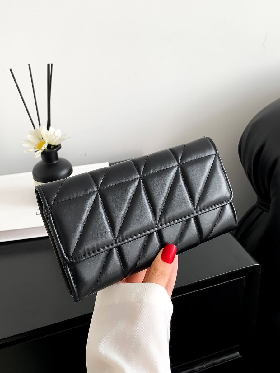 女士 PU 黑色菱形刺绣长钱包，多卡位大容量拉链隔层零钱包，办公室女士必备，旅行，生日礼物，经典长钱包手拿包 - 黑色 - 查看 1