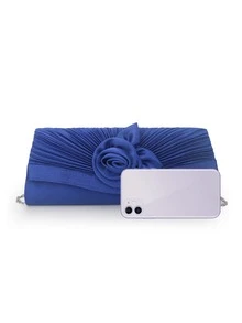 Vintage Style Multicolor Satin Rose Ruffled Clutch Bag For Women - Royal Blue - View 4